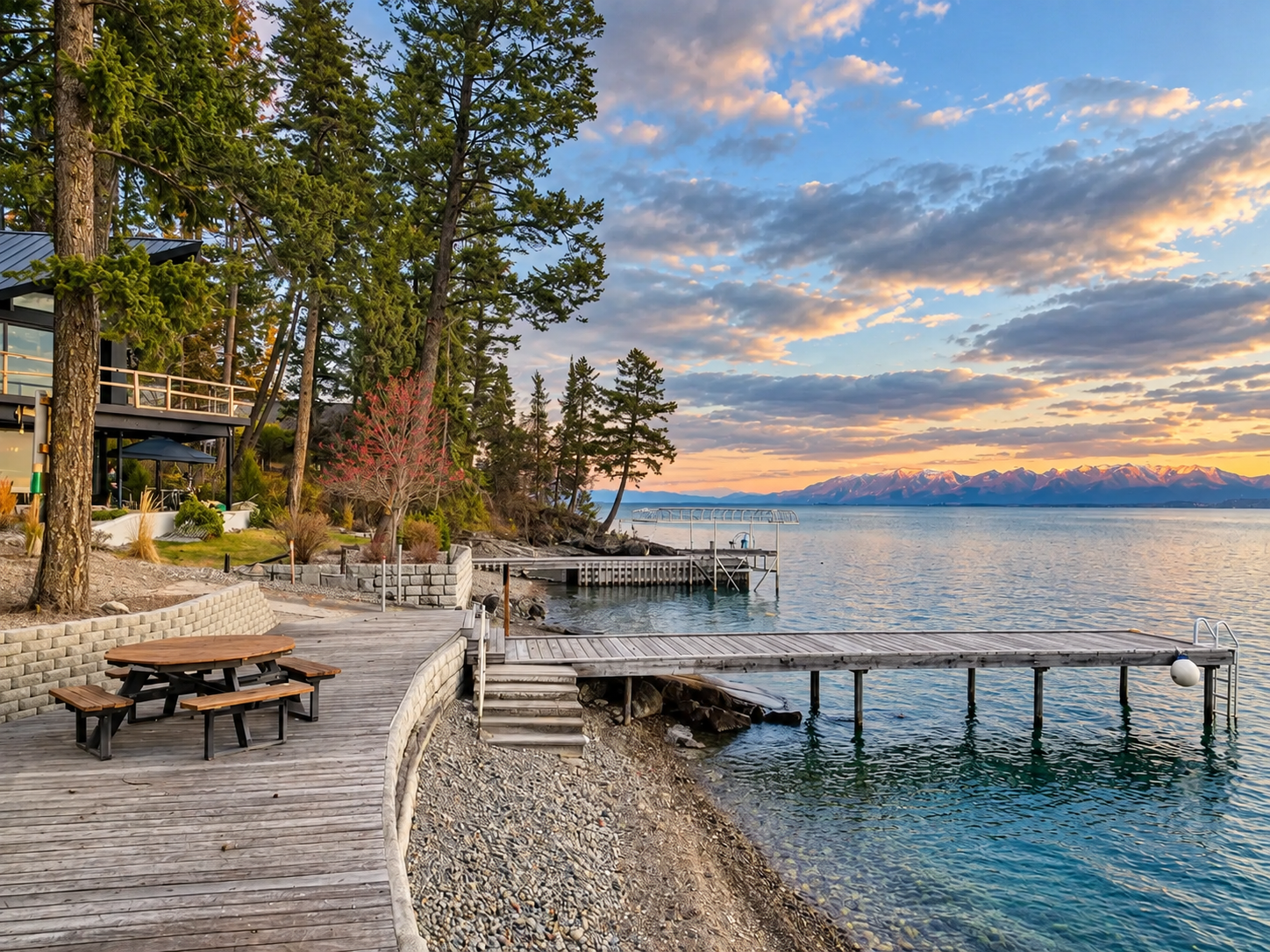 CTHOA community dock and picnic area overlooking Flathead Lake and the mountains